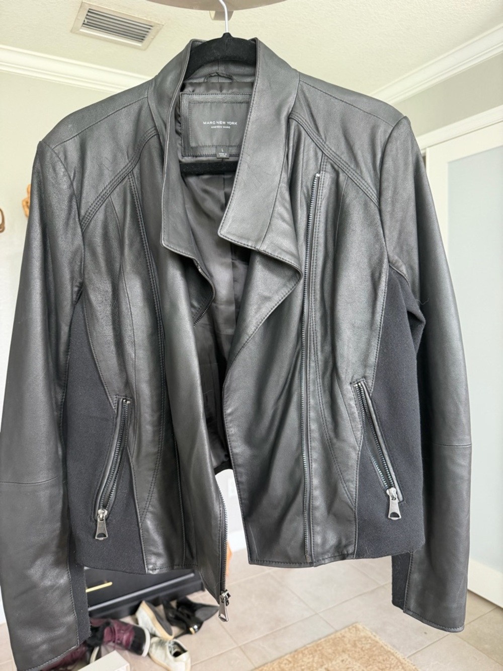 Marc New York Black Leather Zip-Front Bomber Jacket